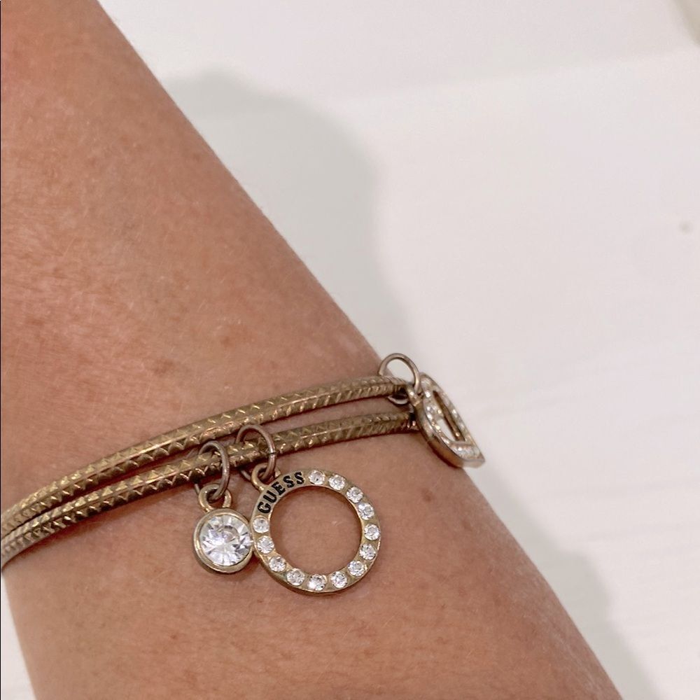 Guess Antique Style 2 Bangle Charm Bracelet Heart & Circle Rhinestone Tassle